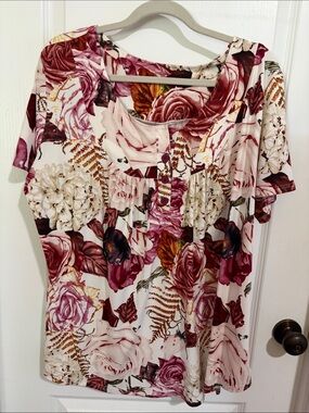 Women's Floral Short-Sleeve Peasant Top - Pink & Burgundy